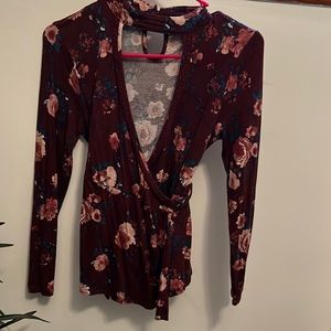 Deep V Floral Wrap Shirt